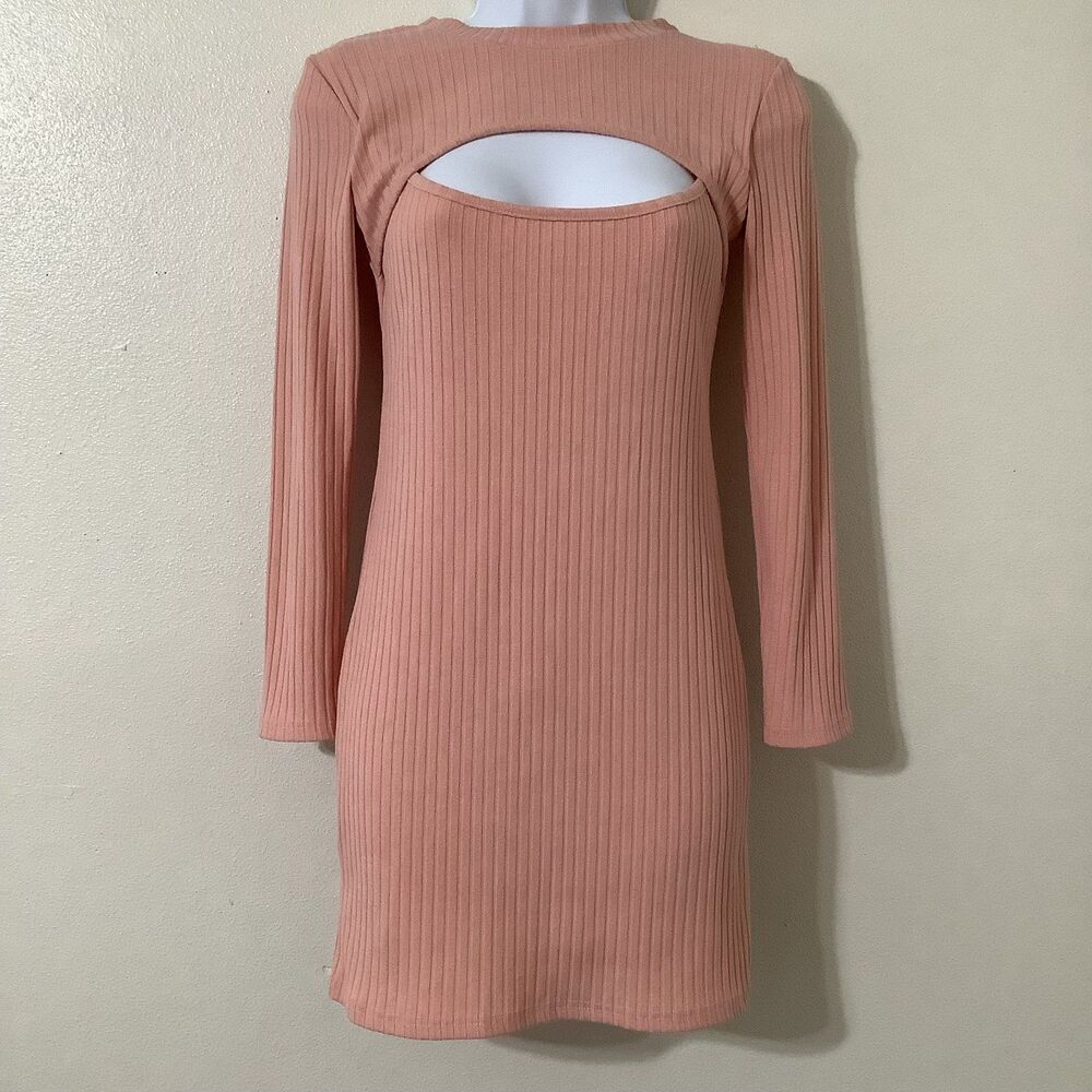 Yi Lhi Lian Pink Ribbed Bodycon Glam Club Feminine Keyhole Neck‎ Mini Dress S